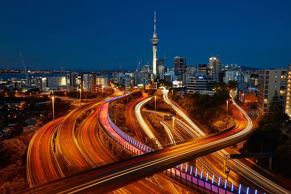 Motorways-Lightpath cycleway-and Skytower at dusk-Auckland-North Island-New Zealand